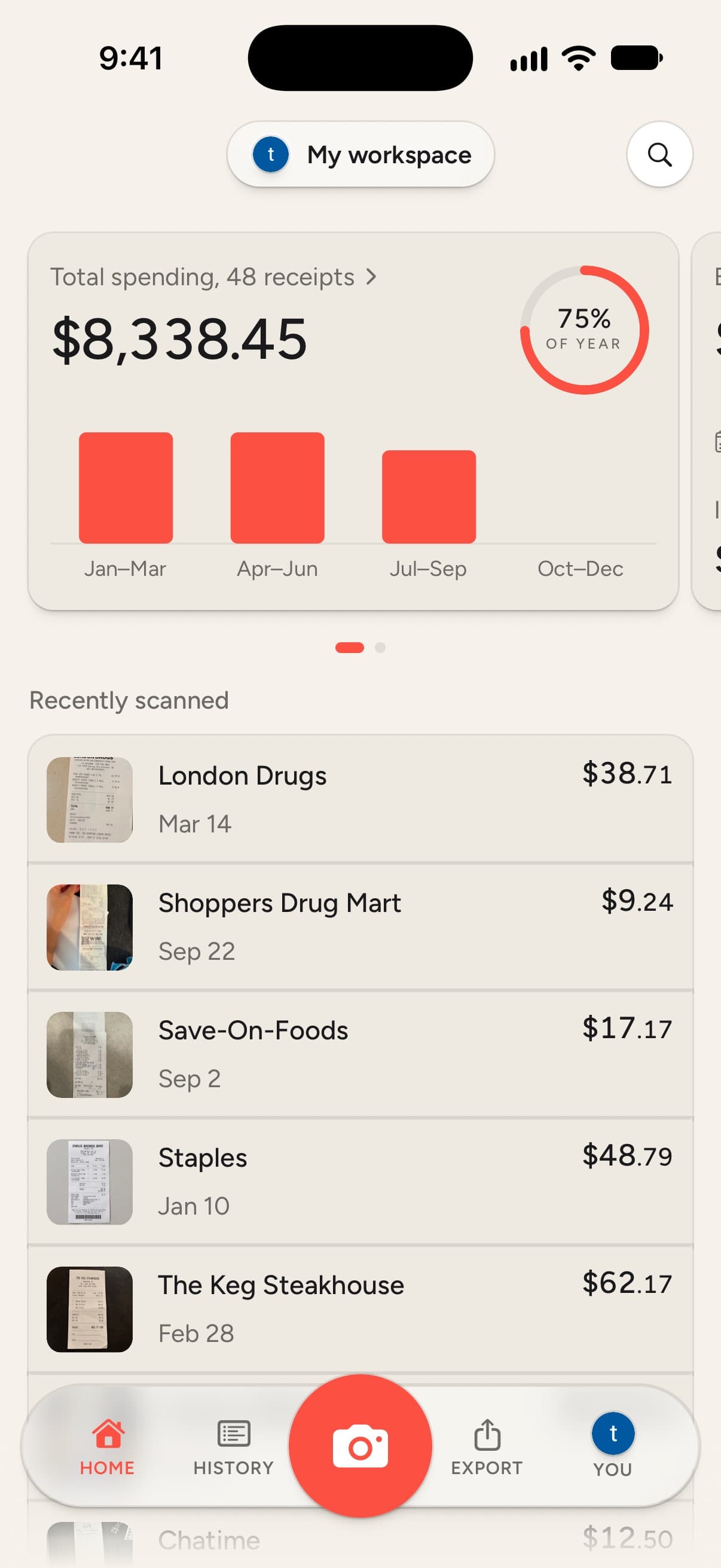 The ClearExpenses home screen showing $8,338.45 across 48 receipts and recently scanned receipts