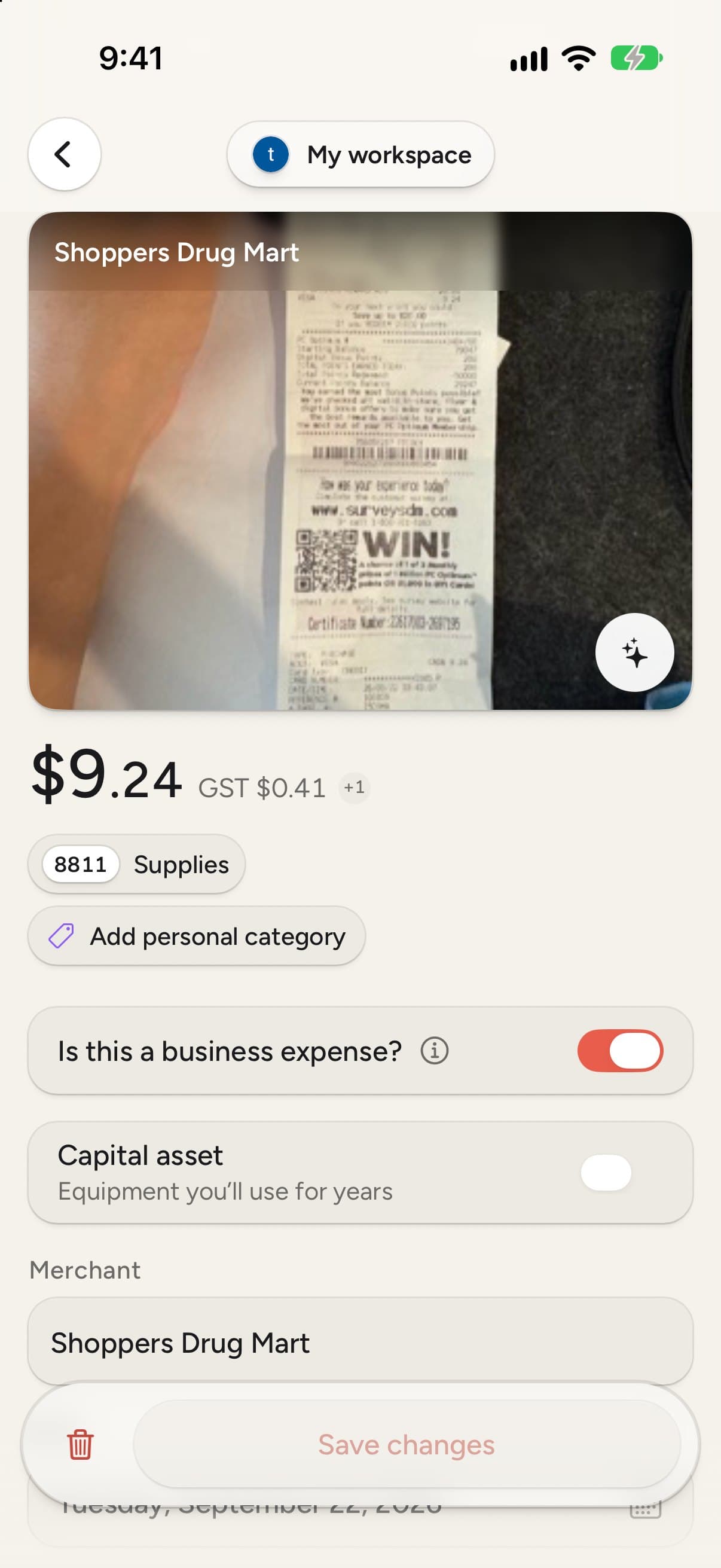 A Shoppers Drug Mart receipt in ClearExpenses showing a $9.24 total, $0.41 GST and the 8811 Supplies line