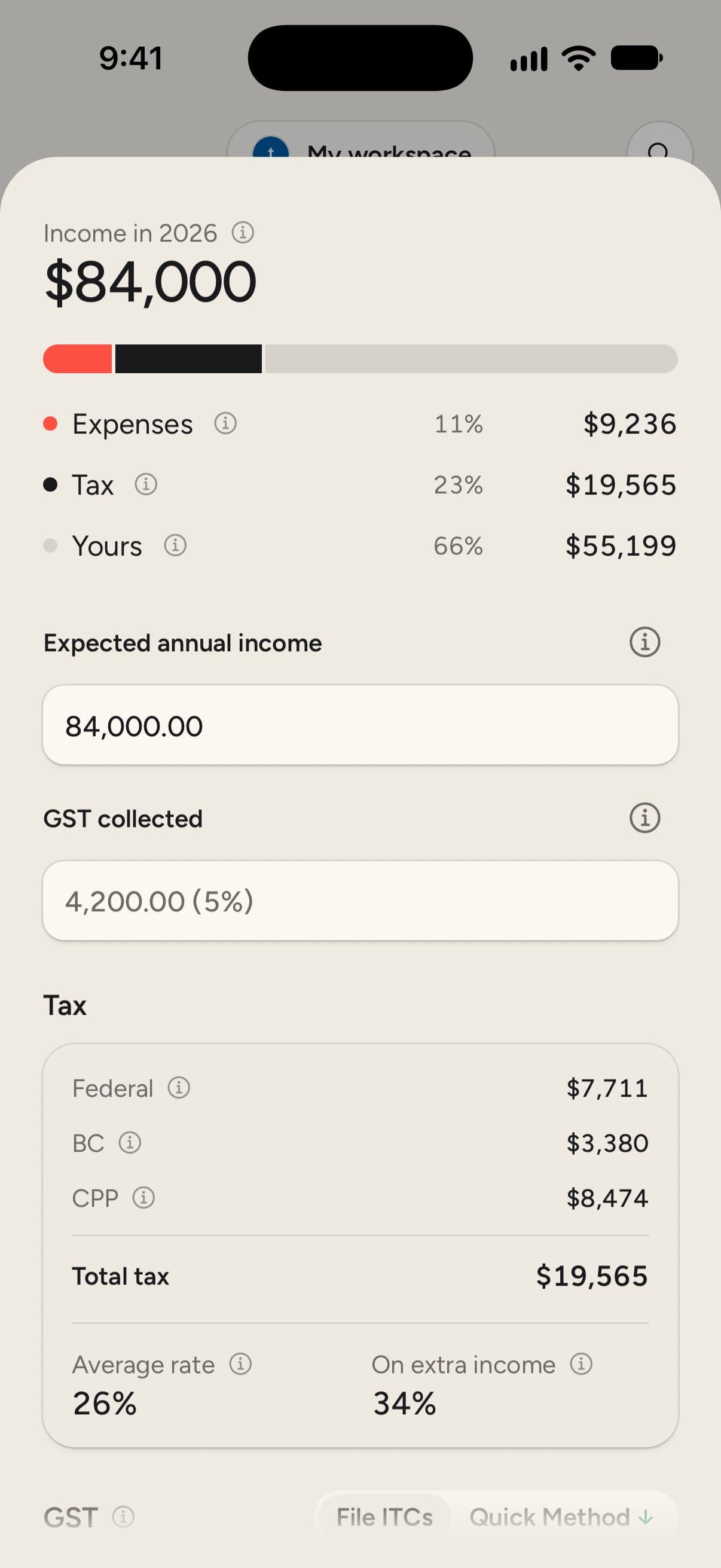 The ClearExpenses income sheet for 2026: $84,000 expected income split into expenses, tax and yours, with federal, BC and CPP amounts and average and marginal rates